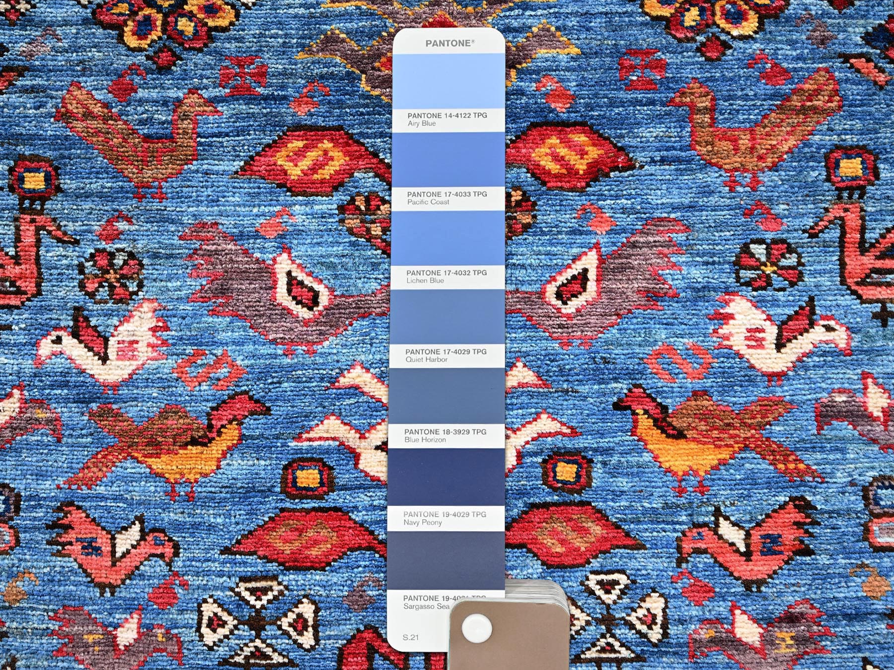 3'6"x4'7" Bayern Blue, Afghan Ersari with Turkish Knot, Bird Figurines, Vegetable Dyes, Densely Woven, Hand Knotted, Soft and Velvety Wool, Oriental Rug HR2670 - Image 4