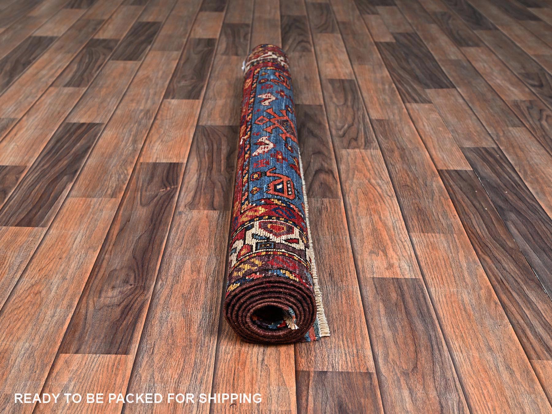 3'6"x4'7" Bayern Blue, Afghan Ersari with Turkish Knot, Bird Figurines, Vegetable Dyes, Densely Woven, Hand Knotted, Soft and Velvety Wool, Oriental Rug HR2670 - Image 5