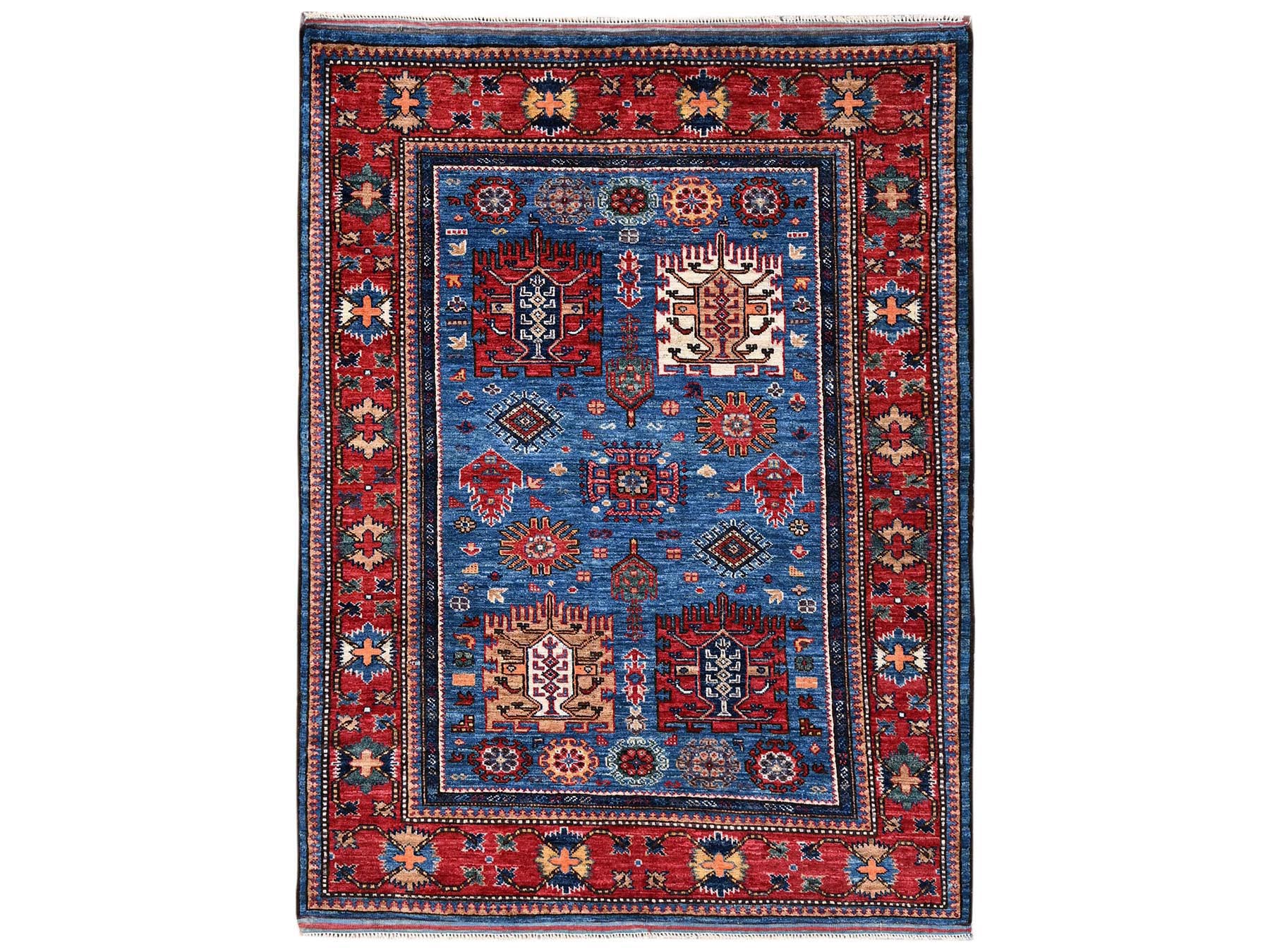 4'2"x5' Imperial Blue, Afghan Ersari with Turkish Knot, Antique Caucasian Motif, Vegetable Dyes, Densely Woven, Hand Knotted, Soft and Velvety Wool, Squarish, Oriental Rug HR2672