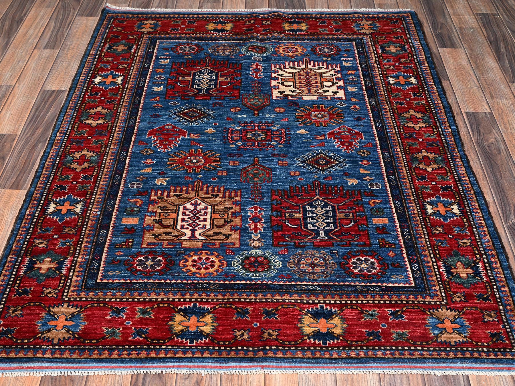 4'2"x5' Imperial Blue, Afghan Ersari with Turkish Knot, Antique Caucasian Motif, Vegetable Dyes, Densely Woven, Hand Knotted, Soft and Velvety Wool, Squarish, Oriental Rug HR2672 - Image 2