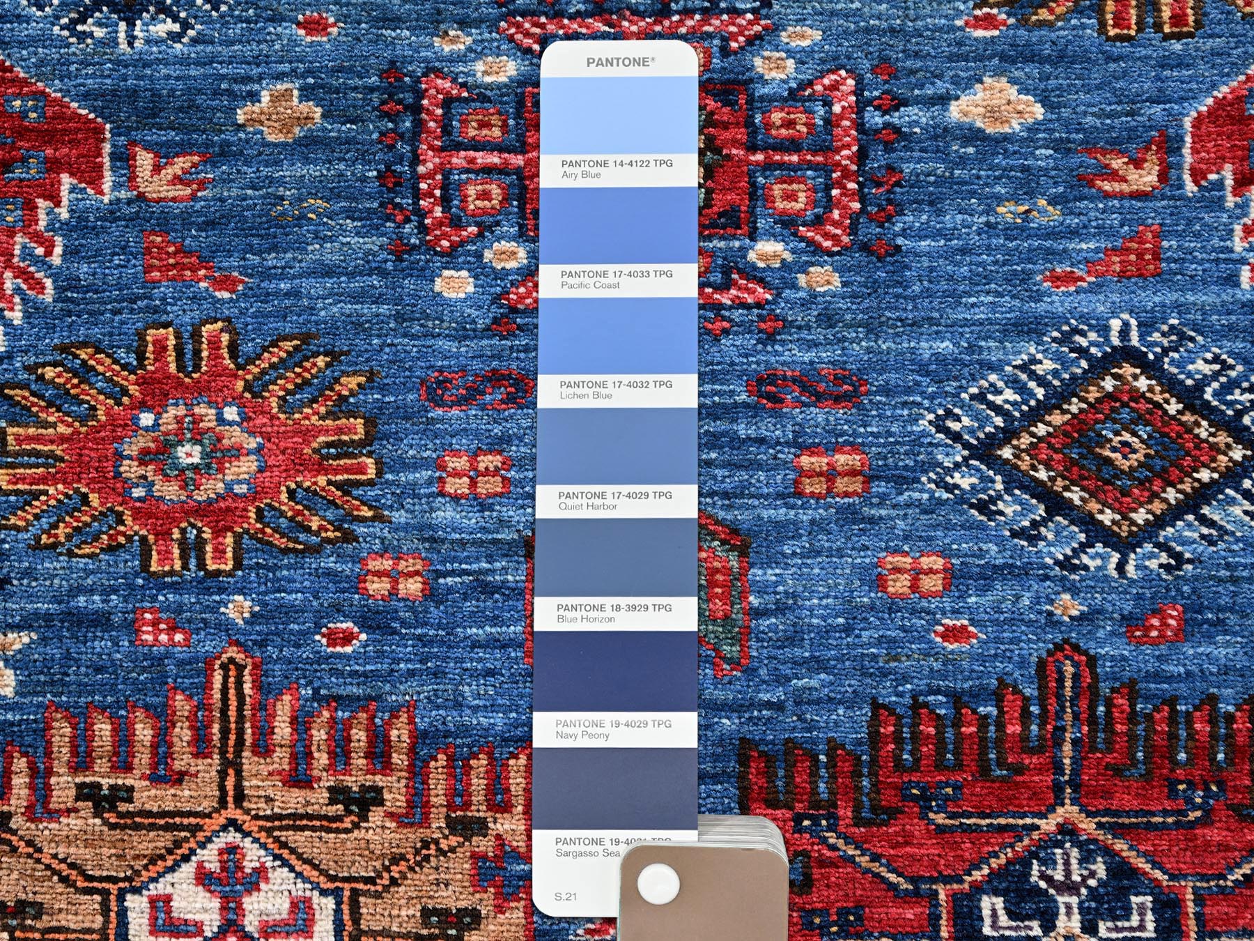 4'2"x5' Imperial Blue, Afghan Ersari with Turkish Knot, Antique Caucasian Motif, Vegetable Dyes, Densely Woven, Hand Knotted, Soft and Velvety Wool, Squarish, Oriental Rug HR2672 - Image 4