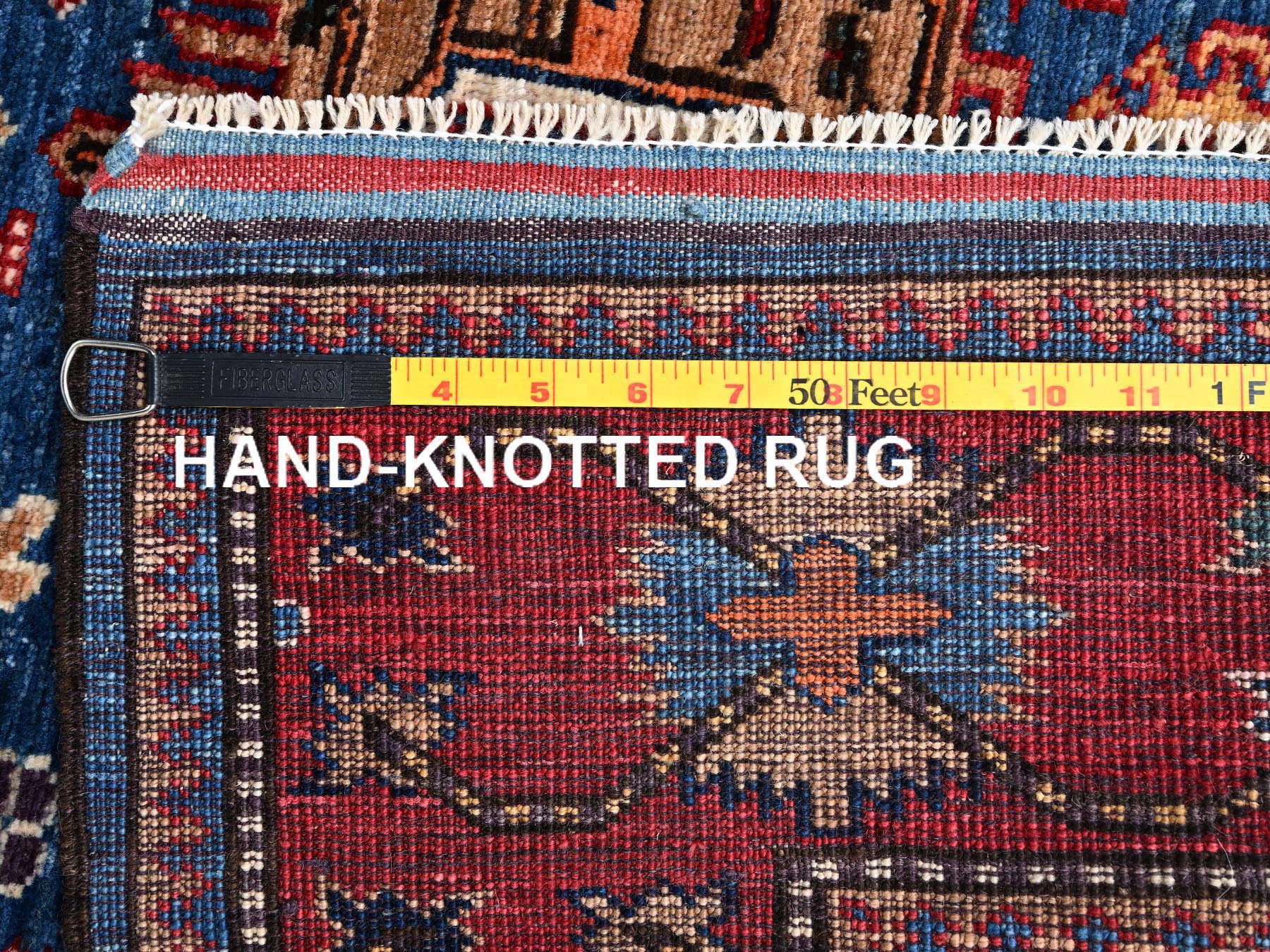 4'2"x5' Imperial Blue, Afghan Ersari with Turkish Knot, Antique Caucasian Motif, Vegetable Dyes, Densely Woven, Hand Knotted, Soft and Velvety Wool, Squarish, Oriental Rug HR2672 - Image 7