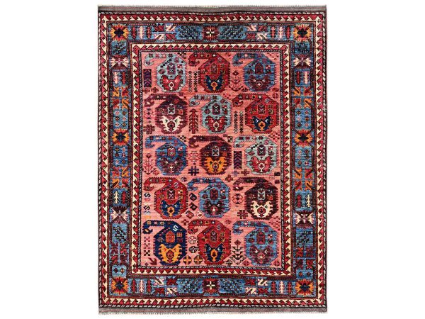 4'2"x5'5" Blush Pink, Afghan Ersari with Turkish Knot, Antique Caucasian Motif, Vegetable Dyes, Densely Woven, Hand Knotted, Soft and Velvety Wool, Oriental Rug HR2673