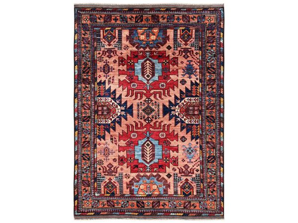 4'3"x6' Peach Color, Hand Knotted, Afghan Ersari with Turkish Knot, Antique Caucasian Motif, Vegetable Dyes, Densely Woven, Soft and Velvety Wool, Oriental Rug HR2674