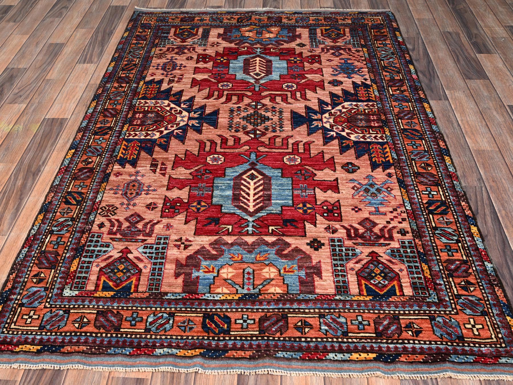 4'3"x6' Peach Color, Hand Knotted, Afghan Ersari with Turkish Knot, Antique Caucasian Motif, Vegetable Dyes, Densely Woven, Soft and Velvety Wool, Oriental Rug HR2674 - Image 2