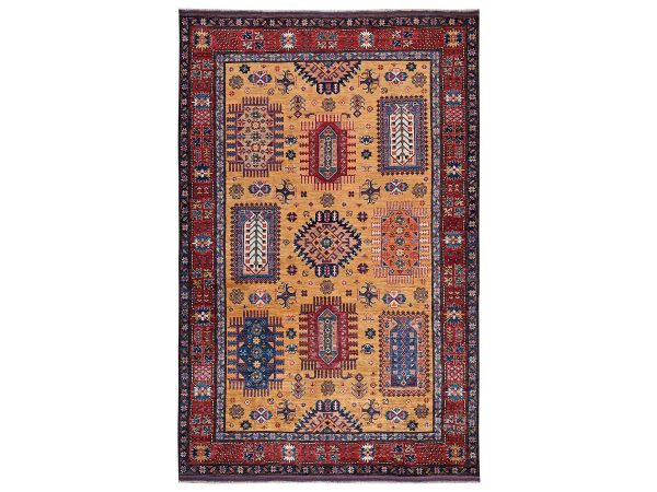 6'4"x9'6" Mustard Yellow, Hand Knotted, Afghan Ersari with Turkish Knot, Antique Caucasian Motif, Vegetable Dyes, Densely Woven, Soft and Velvety Wool, Oriental Rug HR2676