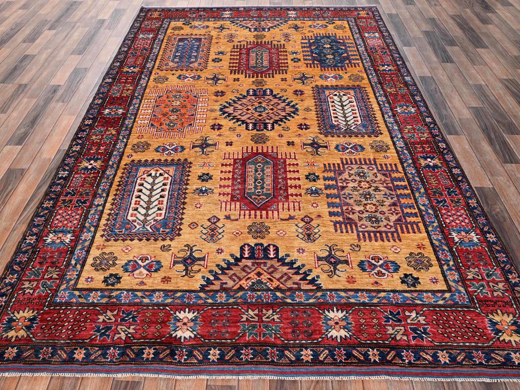 6'4"x9'6" Mustard Yellow, Hand Knotted, Afghan Ersari with Turkish Knot, Antique Caucasian Motif, Vegetable Dyes, Densely Woven, Soft and Velvety Wool, Oriental Rug HR2676 - Image 2