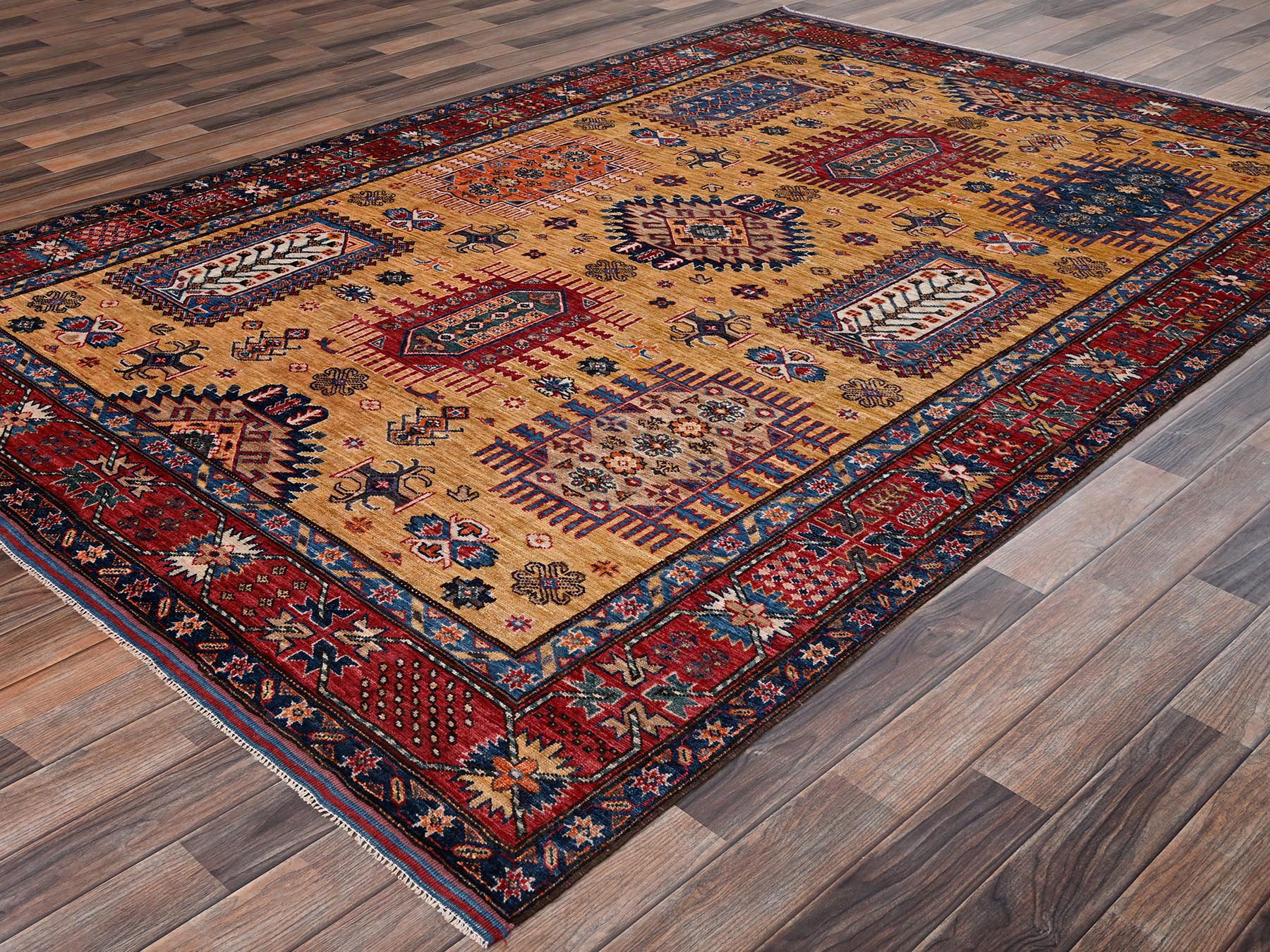 6'4"x9'6" Mustard Yellow, Hand Knotted, Afghan Ersari with Turkish Knot, Antique Caucasian Motif, Vegetable Dyes, Densely Woven, Soft and Velvety Wool, Oriental Rug HR2676 - Image 3