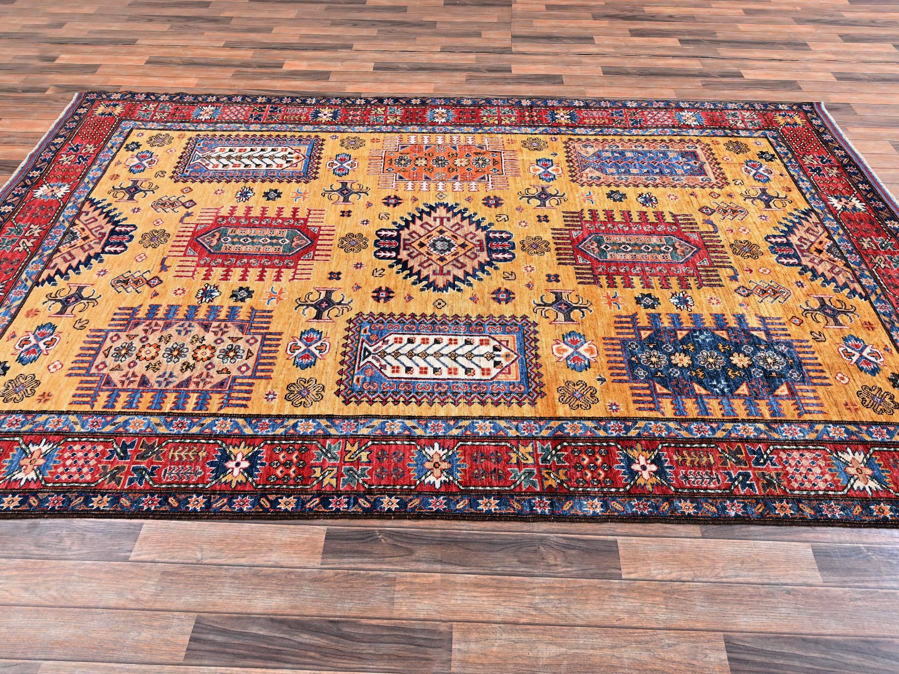 6'4"x9'6" Mustard Yellow, Hand Knotted, Afghan Ersari with Turkish Knot, Antique Caucasian Motif, Vegetable Dyes, Densely Woven, Soft and Velvety Wool, Oriental Rug HR2676 - Image 4