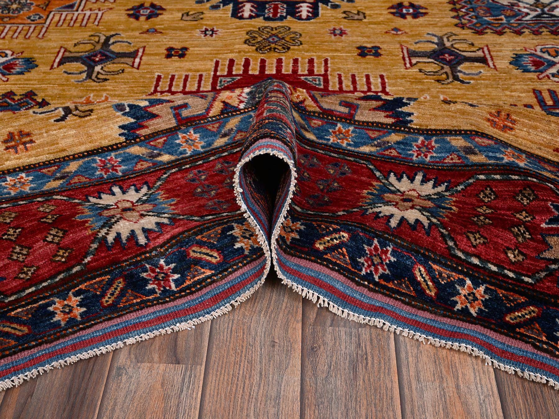 6'4"x9'6" Mustard Yellow, Hand Knotted, Afghan Ersari with Turkish Knot, Antique Caucasian Motif, Vegetable Dyes, Densely Woven, Soft and Velvety Wool, Oriental Rug HR2676 - Image 6