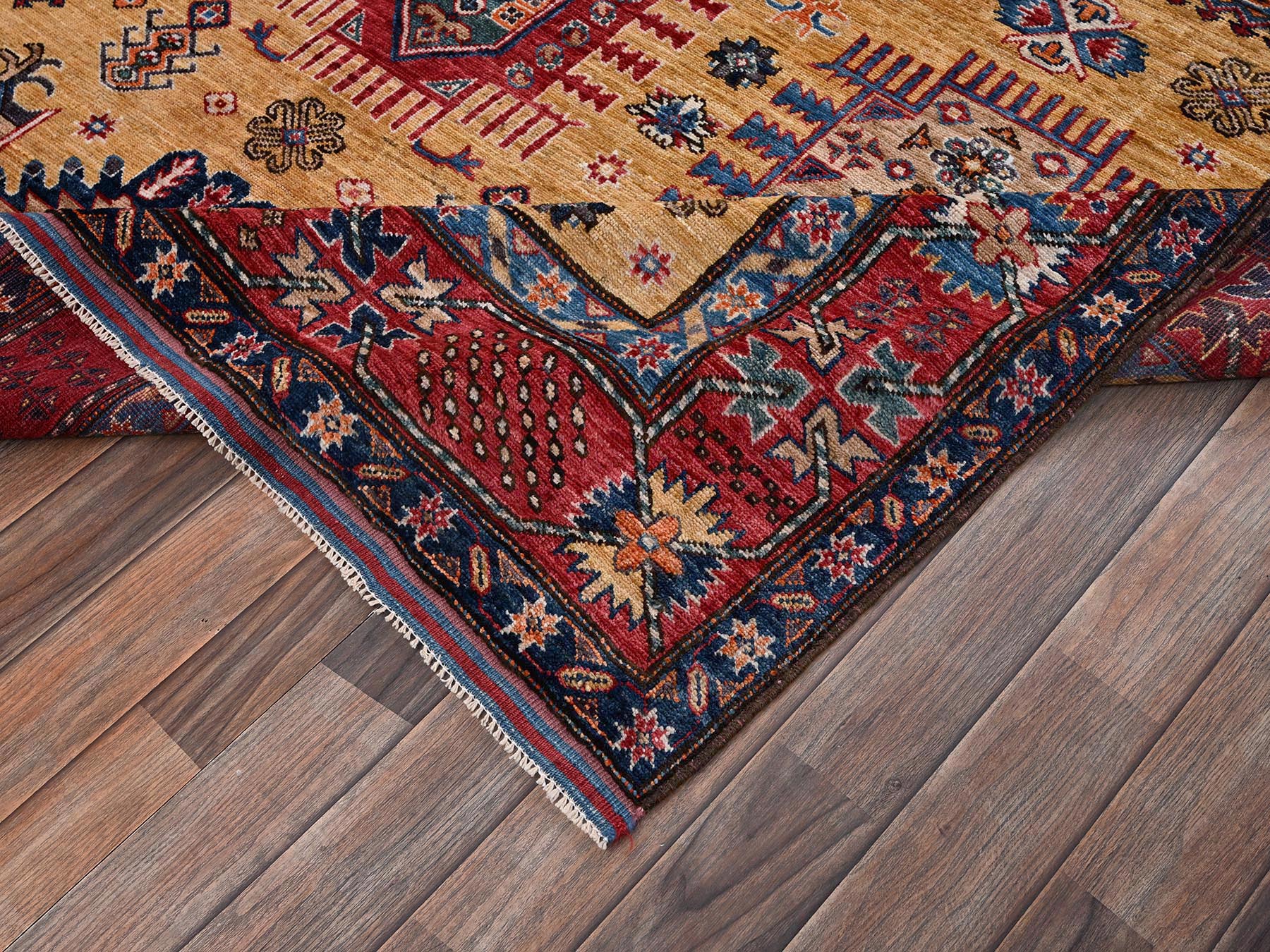 6'4"x9'6" Mustard Yellow, Hand Knotted, Afghan Ersari with Turkish Knot, Antique Caucasian Motif, Vegetable Dyes, Densely Woven, Soft and Velvety Wool, Oriental Rug HR2676 - Image 7