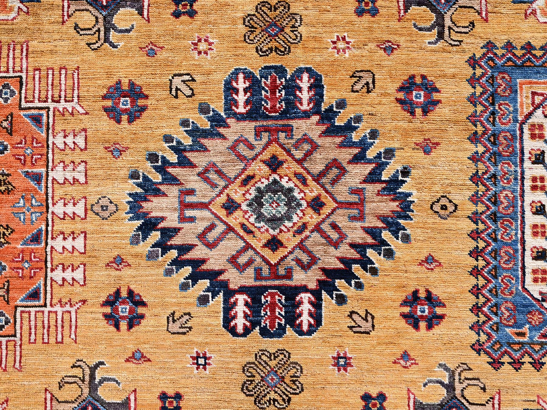6'4"x9'6" Mustard Yellow, Hand Knotted, Afghan Ersari with Turkish Knot, Antique Caucasian Motif, Vegetable Dyes, Densely Woven, Soft and Velvety Wool, Oriental Rug HR2676 - Image 9
