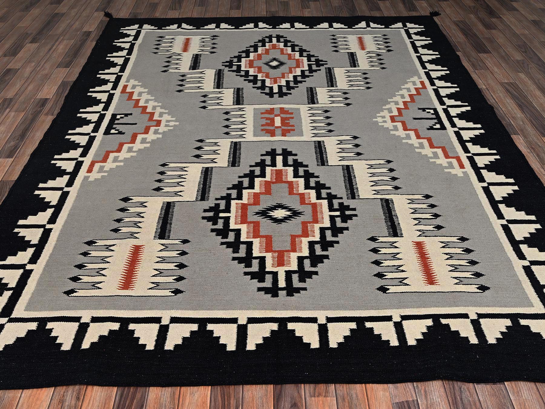 8'x10' Spanish Gray, American Indian Southwest Geometric Design, Flat Weave, Hand Woven, 100% Wool, Oriental Rug HR2691 - Image 2