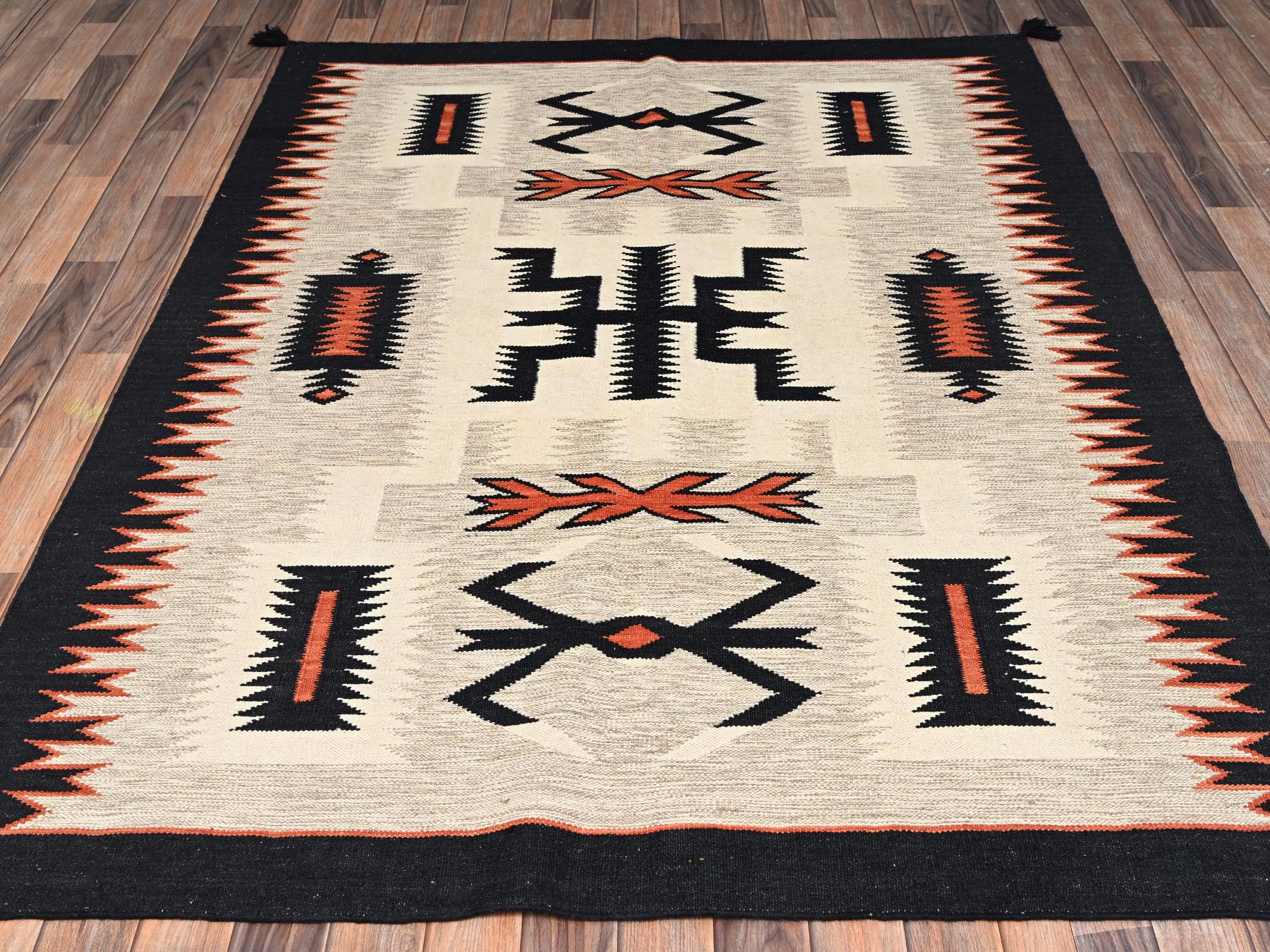 5'4"x7' Khaki Brown, American Indian Southwest Geometric Design, Flat Weave, Hand Woven, 100% Wool, Oriental Rug HR2696 - Image 2