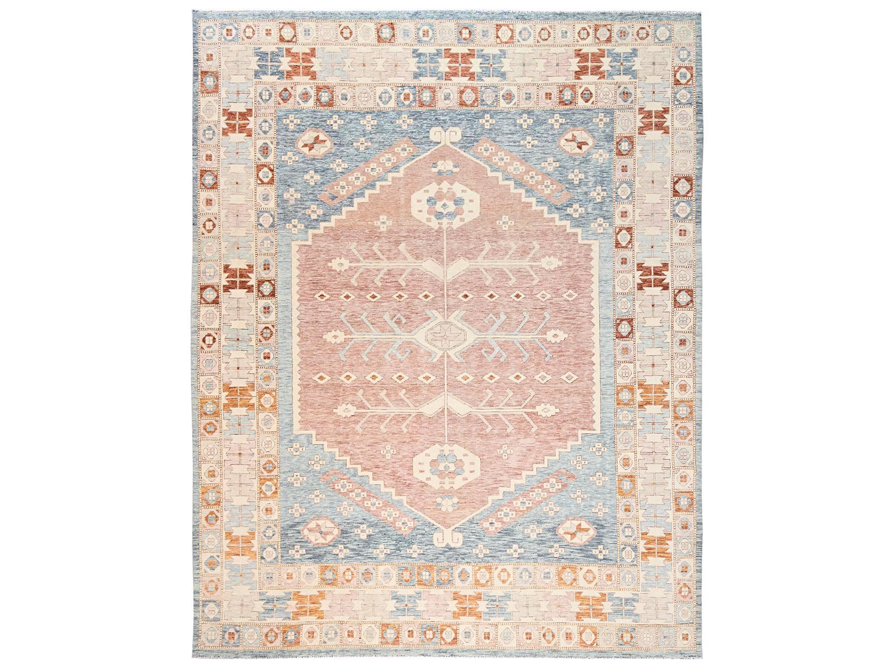 11'7"x14'7" Light Blue, Zero Pile, Anatolian Village Design, Turkish Knot, Hand Knotted, Sheared Low, 100% Wool, XL, Oversized, Oriental Rug HR2702