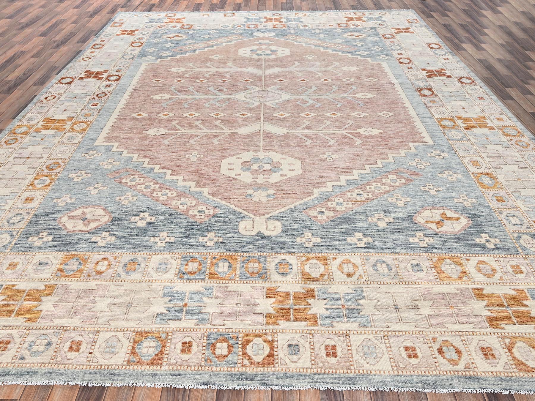 11'7"x14'7" Light Blue, Zero Pile, Anatolian Village Design, Turkish Knot, Hand Knotted, Sheared Low, 100% Wool, XL, Oversized, Oriental Rug HR2702 - Image 2