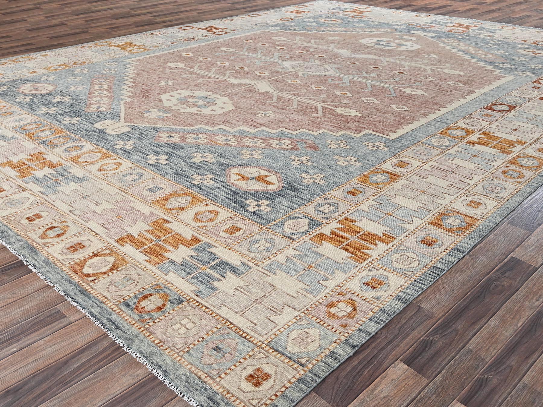 11'7"x14'7" Light Blue, Zero Pile, Anatolian Village Design, Turkish Knot, Hand Knotted, Sheared Low, 100% Wool, XL, Oversized, Oriental Rug HR2702 - Image 3