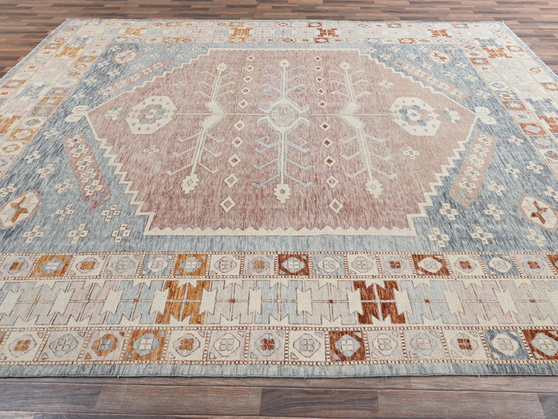 11'7"x14'7" Light Blue, Zero Pile, Anatolian Village Design, Turkish Knot, Hand Knotted, Sheared Low, 100% Wool, XL, Oversized, Oriental Rug HR2702 - Image 4
