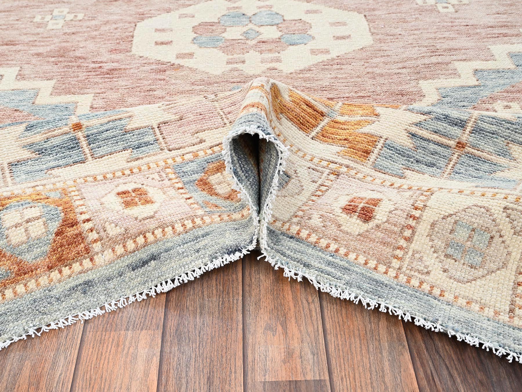 11'7"x14'7" Light Blue, Zero Pile, Anatolian Village Design, Turkish Knot, Hand Knotted, Sheared Low, 100% Wool, XL, Oversized, Oriental Rug HR2702 - Image 6