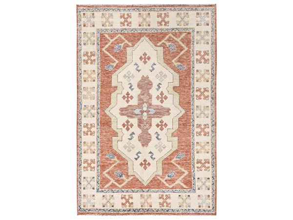 4'10"x7'4" Coral Orange, Anatolian Village Design, Turkish Knot, Sheared Low, Hand Knotted, 100% Wool, Zero Pile, Oriental Rug HR2715