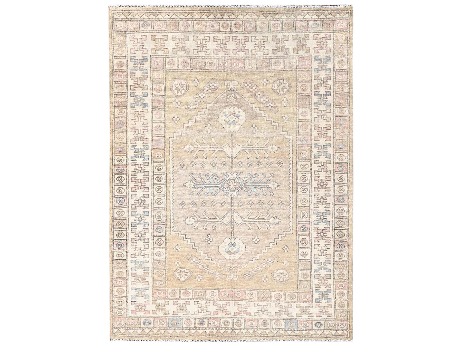 4'10"x6'10" Soybean Yellow, Anatolian Village Design, Turkish Knot, Sheared Low, Hand Knotted, 100% Wool, Zero Pile, Oriental Rug HR2719