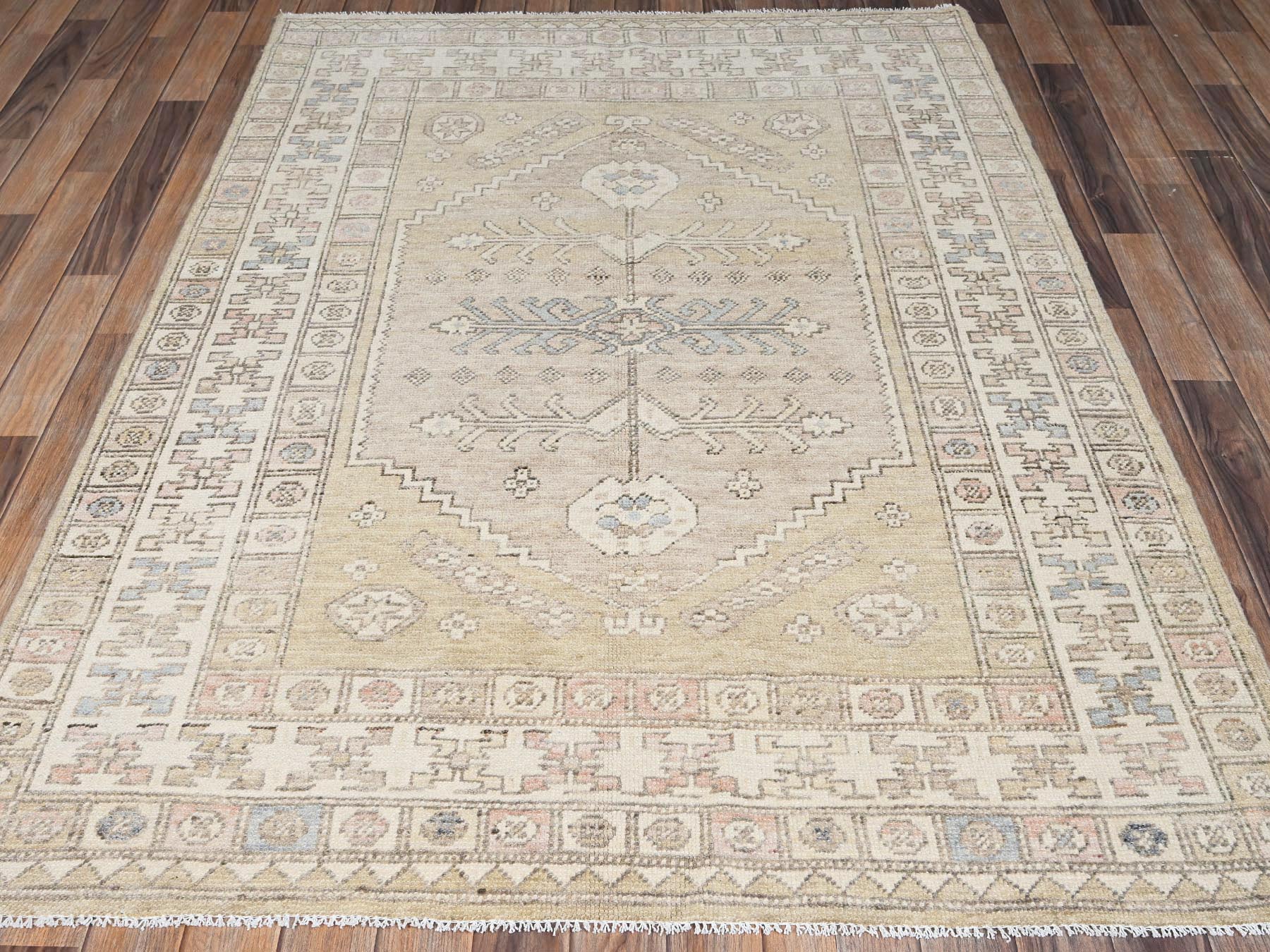 4'10"x6'10" Soybean Yellow, Anatolian Village Design, Turkish Knot, Sheared Low, Hand Knotted, 100% Wool, Zero Pile, Oriental Rug HR2719 - Image 2