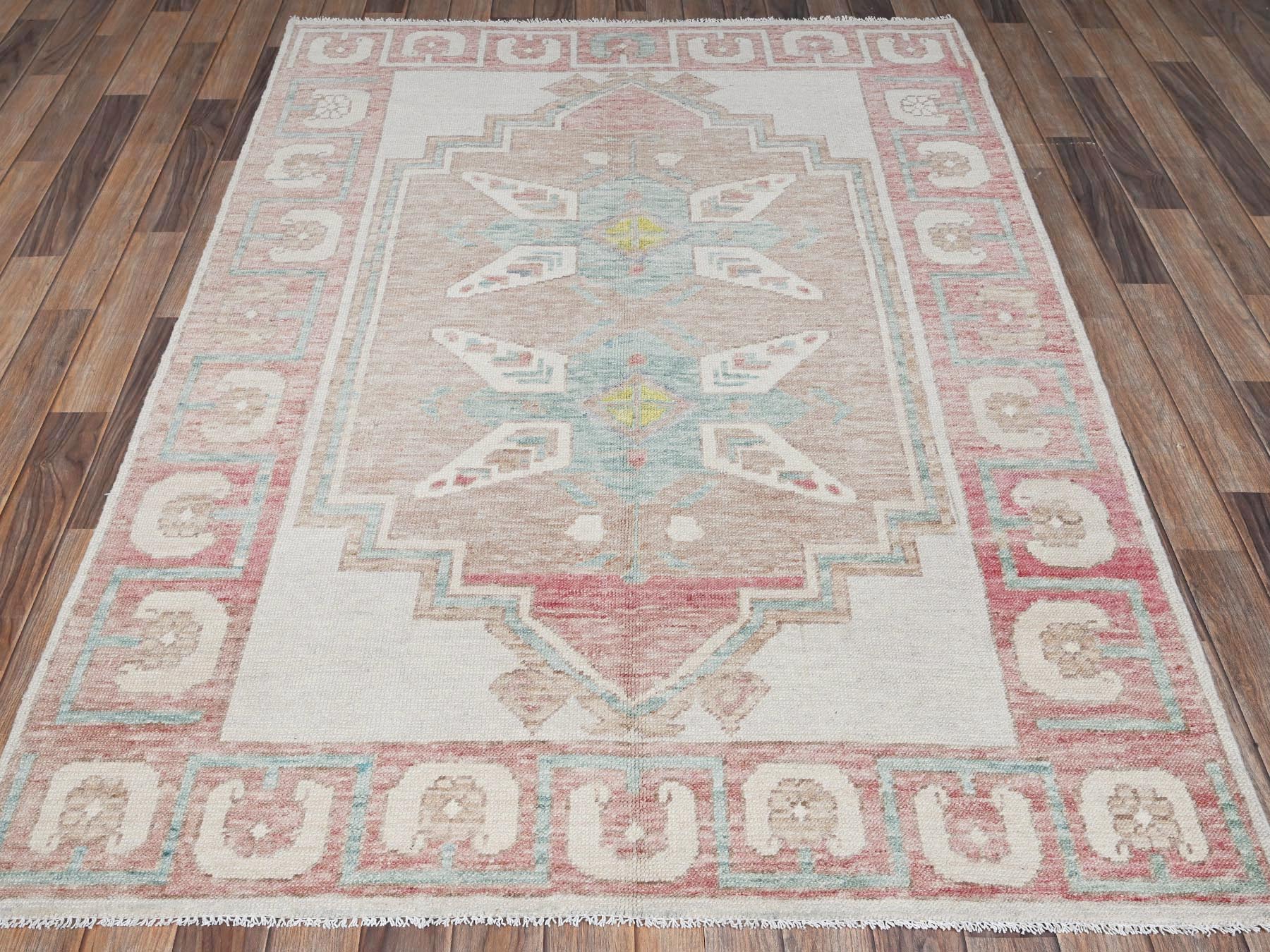 4'10"x7' Irish Cream Brown, Anatolian Village Design, Turkish Knot, Sheared Low, Hand Knotted, 100% Wool, Zero Pile, Oriental Rug HR2721 - Image 2