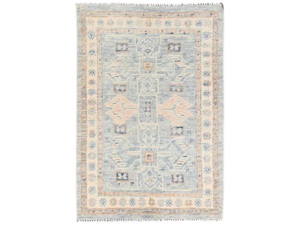 1'10"x2'10" Misty Gray, Anatolian Village Design, Turkish Knot, Hand Knotted, Zero Pile, Sheared Low, 100% Wool, Sample, Mat, Oriental Rug HR2733
