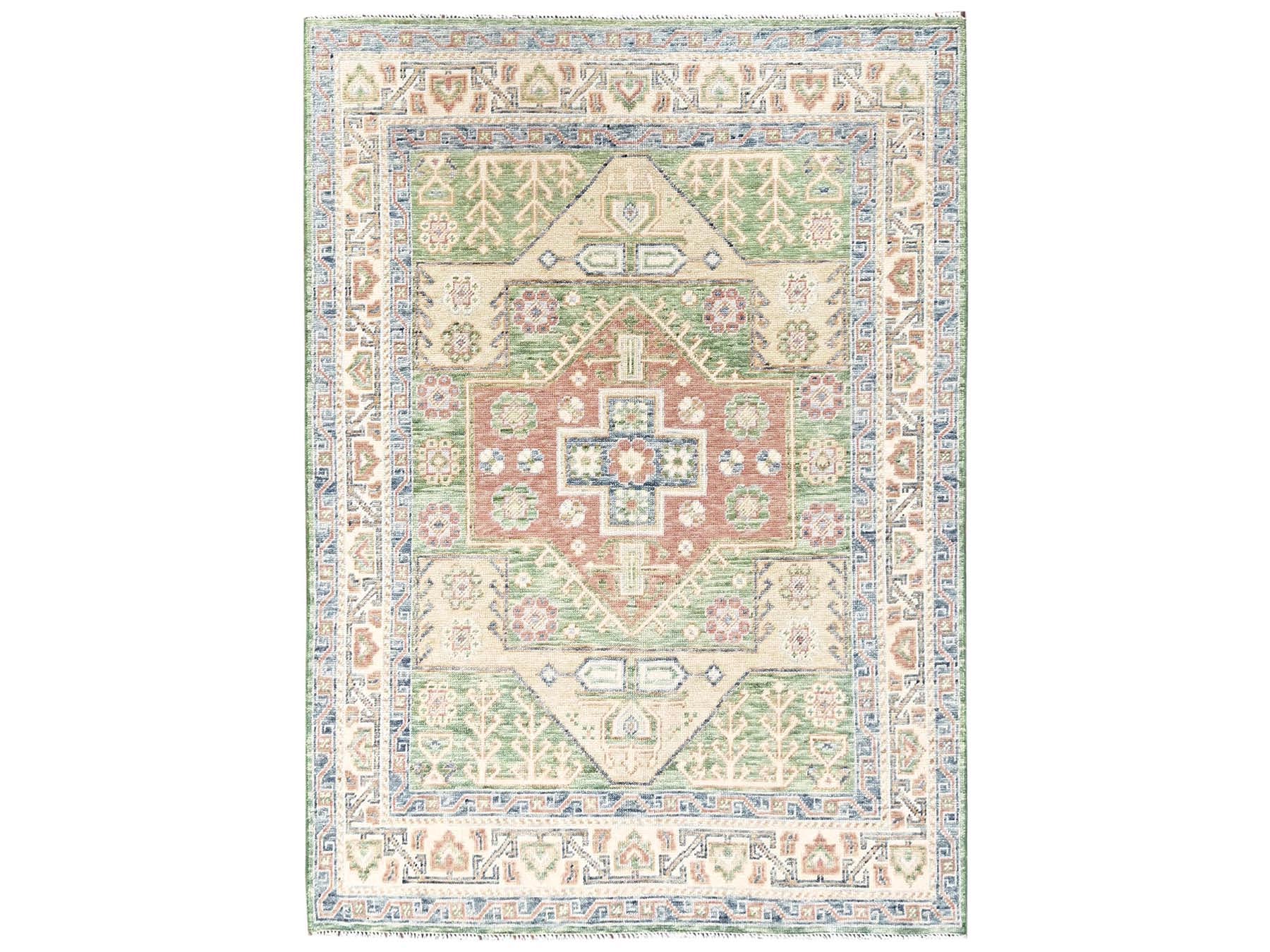 5'x7' Fern Green, Anatolian Village Design, Turkish Knot, Hand Knotted, Zero Pile, Sheared Low, 100% Wool, Oriental Rug HR2764