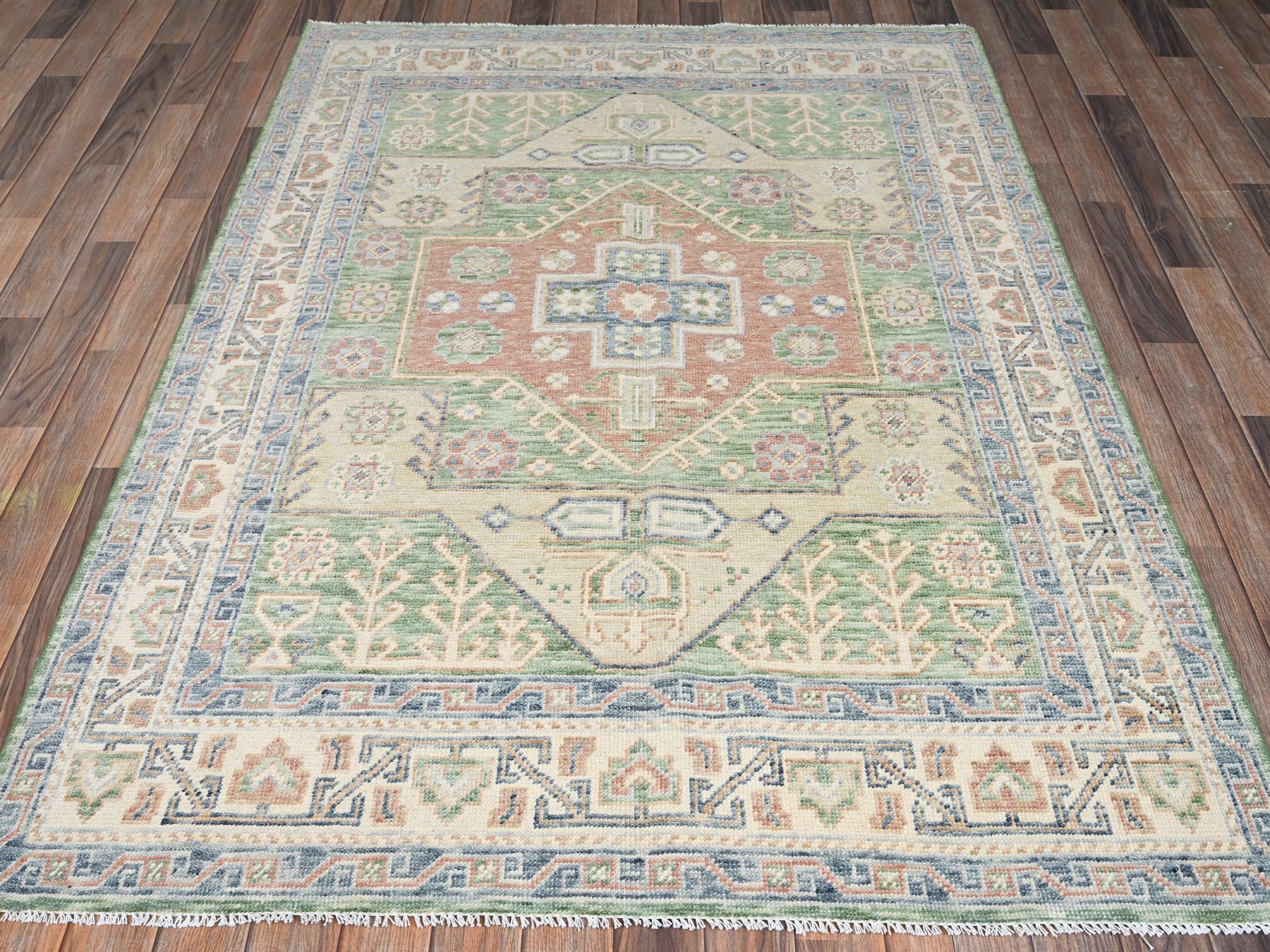 5'x7' Fern Green, Anatolian Village Design, Turkish Knot, Hand Knotted, Zero Pile, Sheared Low, 100% Wool, Oriental Rug HR2764 - Image 2