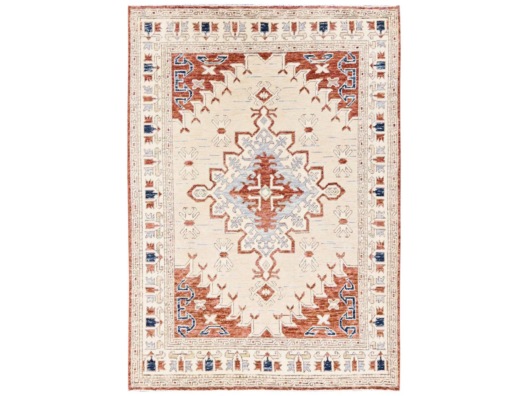 4'10"x6'10" Lace White, Anatolian Village Design, Turkish Knot, Hand Knotted, Zero Pile, Sheared Low, 100% Wool, Oriental Rug HR2766