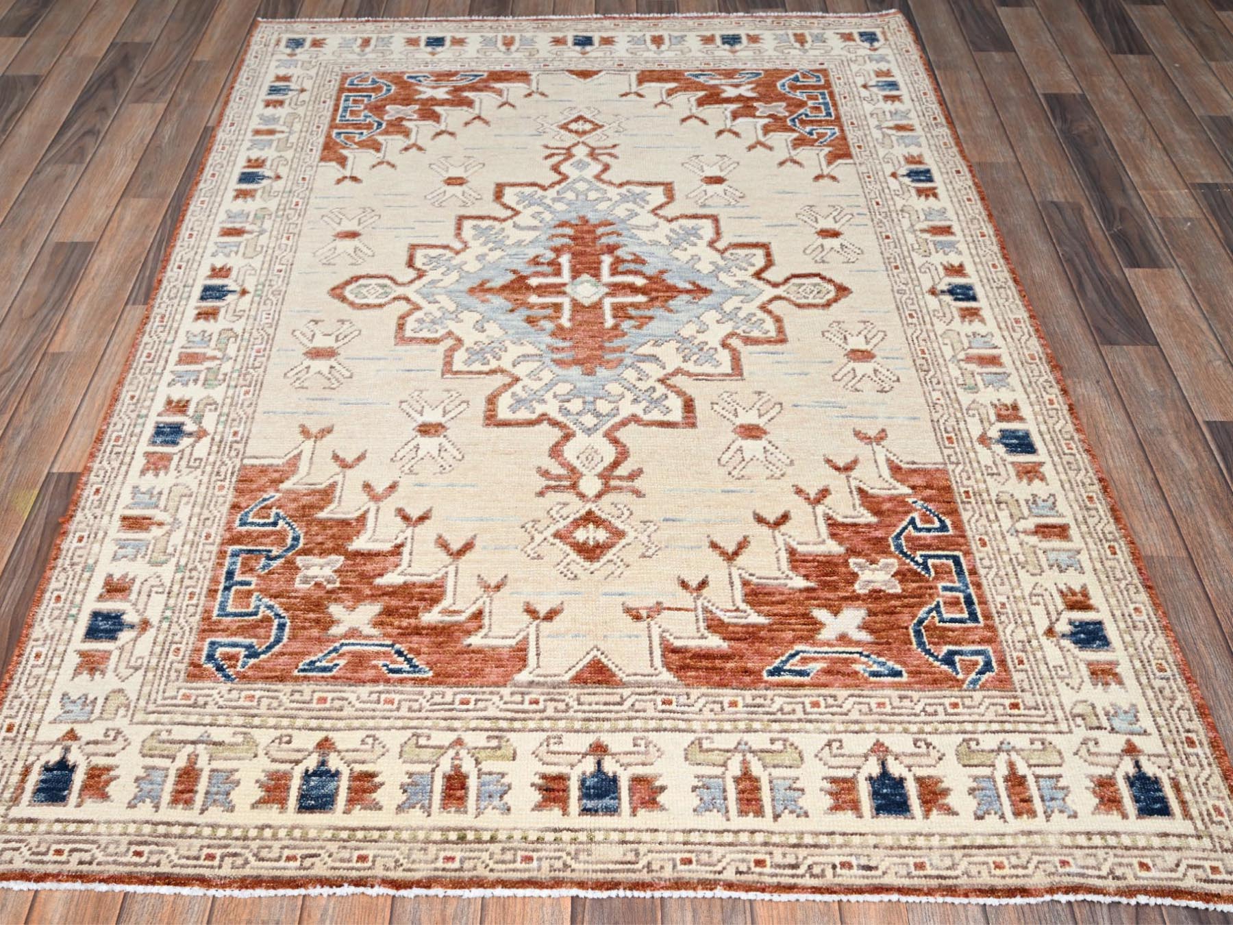 4'10"x6'10" Lace White, Anatolian Village Design, Turkish Knot, Hand Knotted, Zero Pile, Sheared Low, 100% Wool, Oriental Rug HR2766 - Image 2