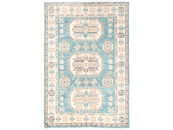 4'8"x6'10" Teal Blue, Cloudbank Kazak with Turkish Knot, Sheared Low, Zero Pile, Hand Knotted, Pure Wool, Oriental Rug HR2769