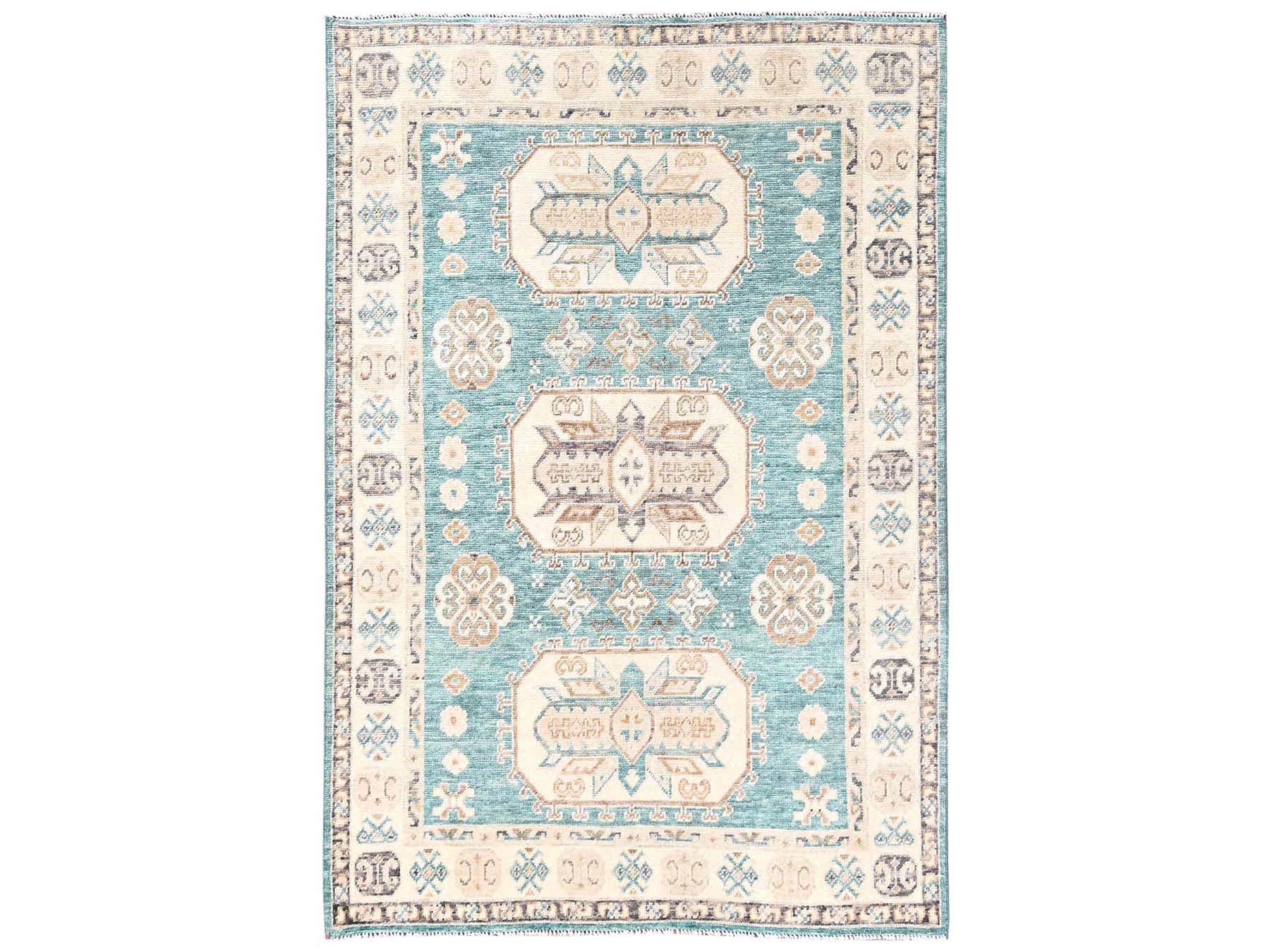 4'8"x6'10" Teal Blue, Cloudbank Kazak with Turkish Knot, Sheared Low, Zero Pile, Hand Knotted, Pure Wool, Oriental Rug HR2769