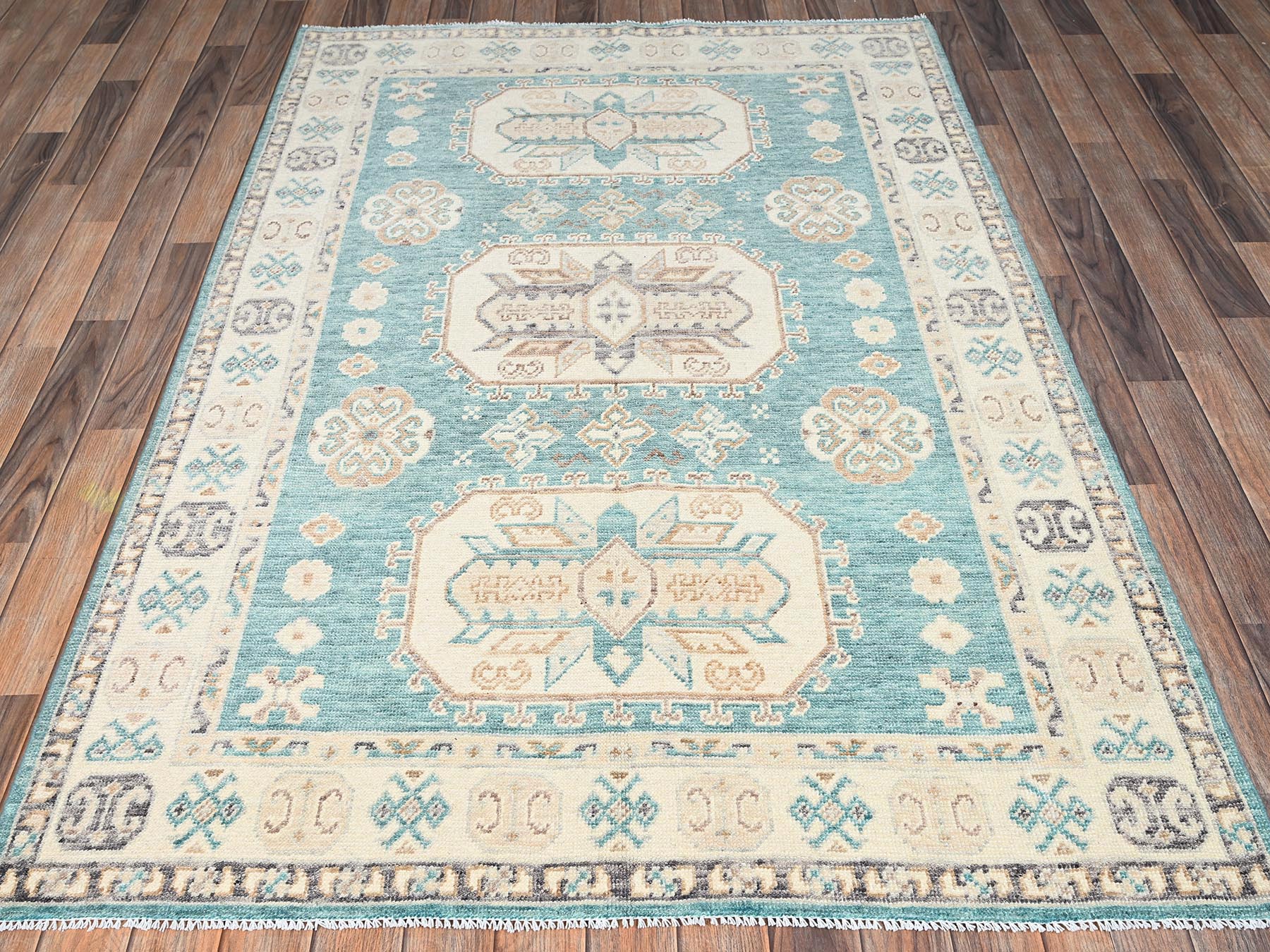 4'8"x6'10" Teal Blue, Cloudbank Kazak with Turkish Knot, Sheared Low, Zero Pile, Hand Knotted, Pure Wool, Oriental Rug HR2769 - Image 2