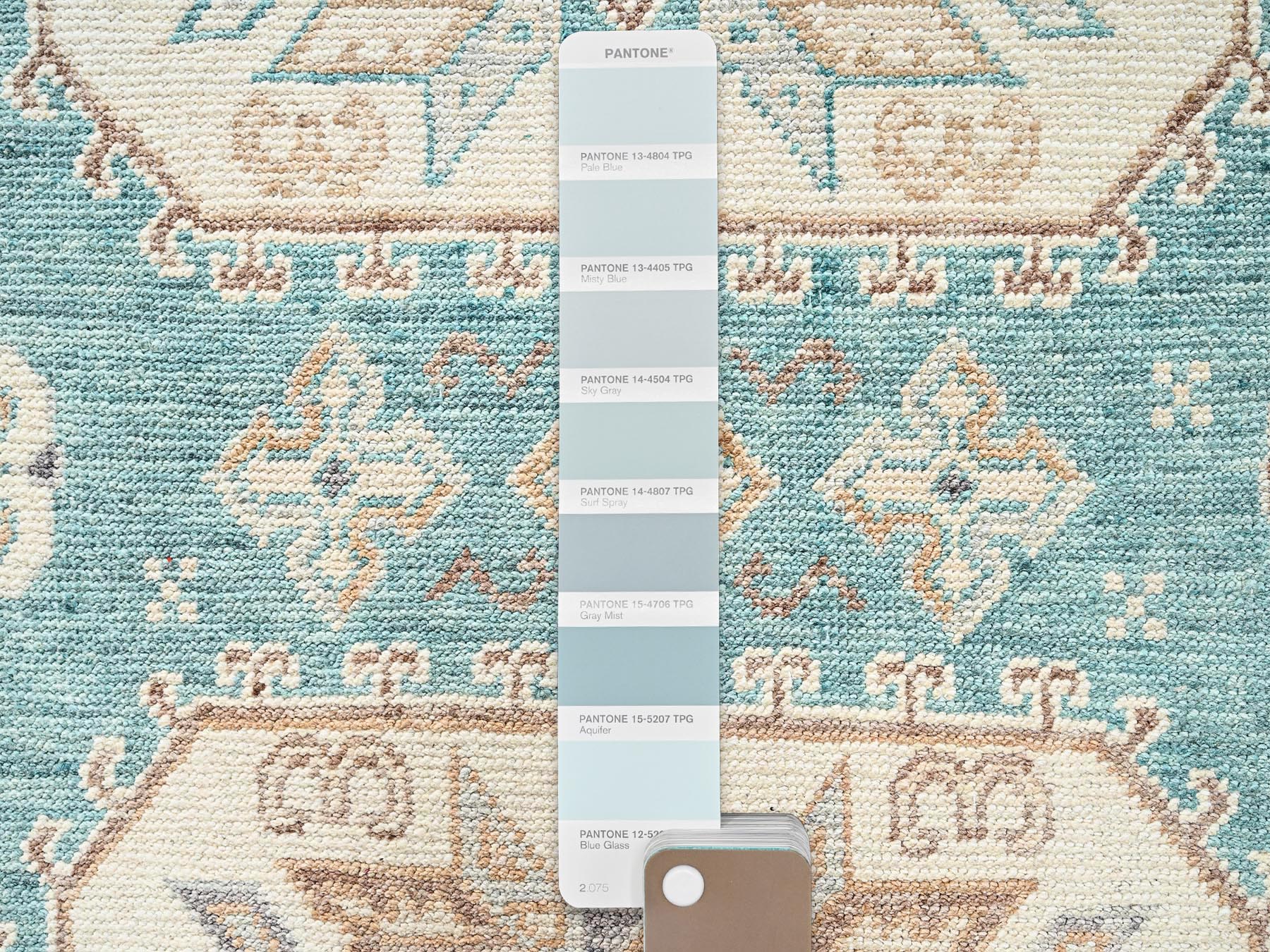 4'8"x6'10" Teal Blue, Cloudbank Kazak with Turkish Knot, Sheared Low, Zero Pile, Hand Knotted, Pure Wool, Oriental Rug HR2769 - Image 4