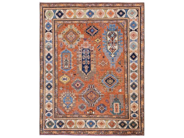 8'4"x10'5" Amber Orange, Afghan Ersari with Turkish Knot, Antique Caucasian Motif, Vegetable Dyes, Densely Woven, Soft and Velvety Wool, Hand Knotted, Oriental Rug HR2775