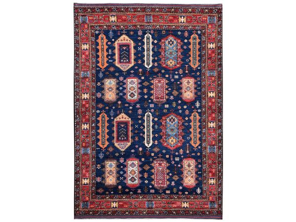 6'1"x8'7" Yale Blue, Hand Knotted, Afghan Ersari with Turkish Knot, Antique Caucasian Motif, Vegetable Dyes, Densely Woven, Soft and Velvety Wool, Oriental Rug HR2780