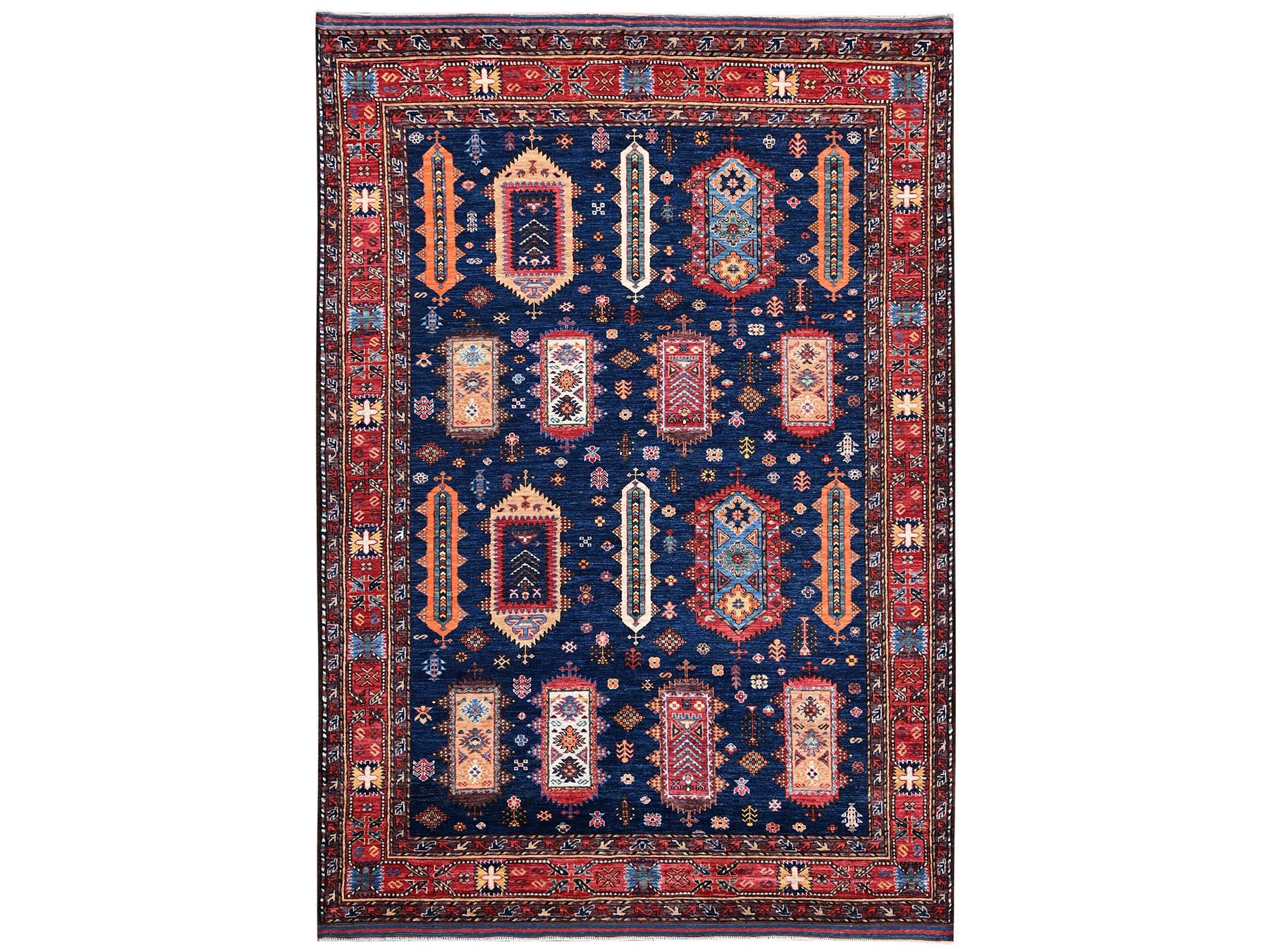 6'1"x8'7" Yale Blue, Hand Knotted, Afghan Ersari with Turkish Knot, Antique Caucasian Motif, Vegetable Dyes, Densely Woven, Soft and Velvety Wool, Oriental Rug HR2780