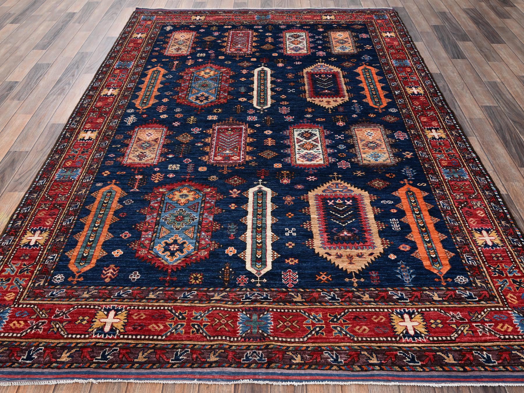 6'1"x8'7" Yale Blue, Hand Knotted, Afghan Ersari with Turkish Knot, Antique Caucasian Motif, Vegetable Dyes, Densely Woven, Soft and Velvety Wool, Oriental Rug HR2780 - Image 2