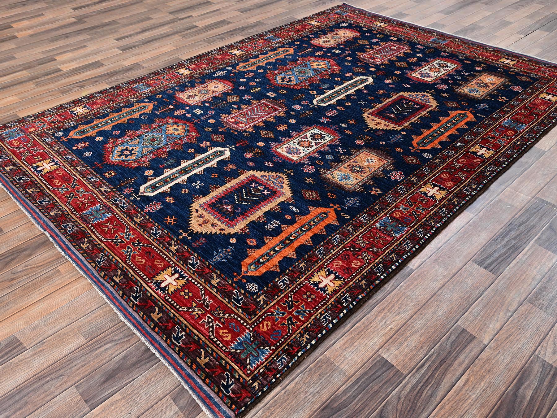 6'1"x8'7" Yale Blue, Hand Knotted, Afghan Ersari with Turkish Knot, Antique Caucasian Motif, Vegetable Dyes, Densely Woven, Soft and Velvety Wool, Oriental Rug HR2780 - Image 3