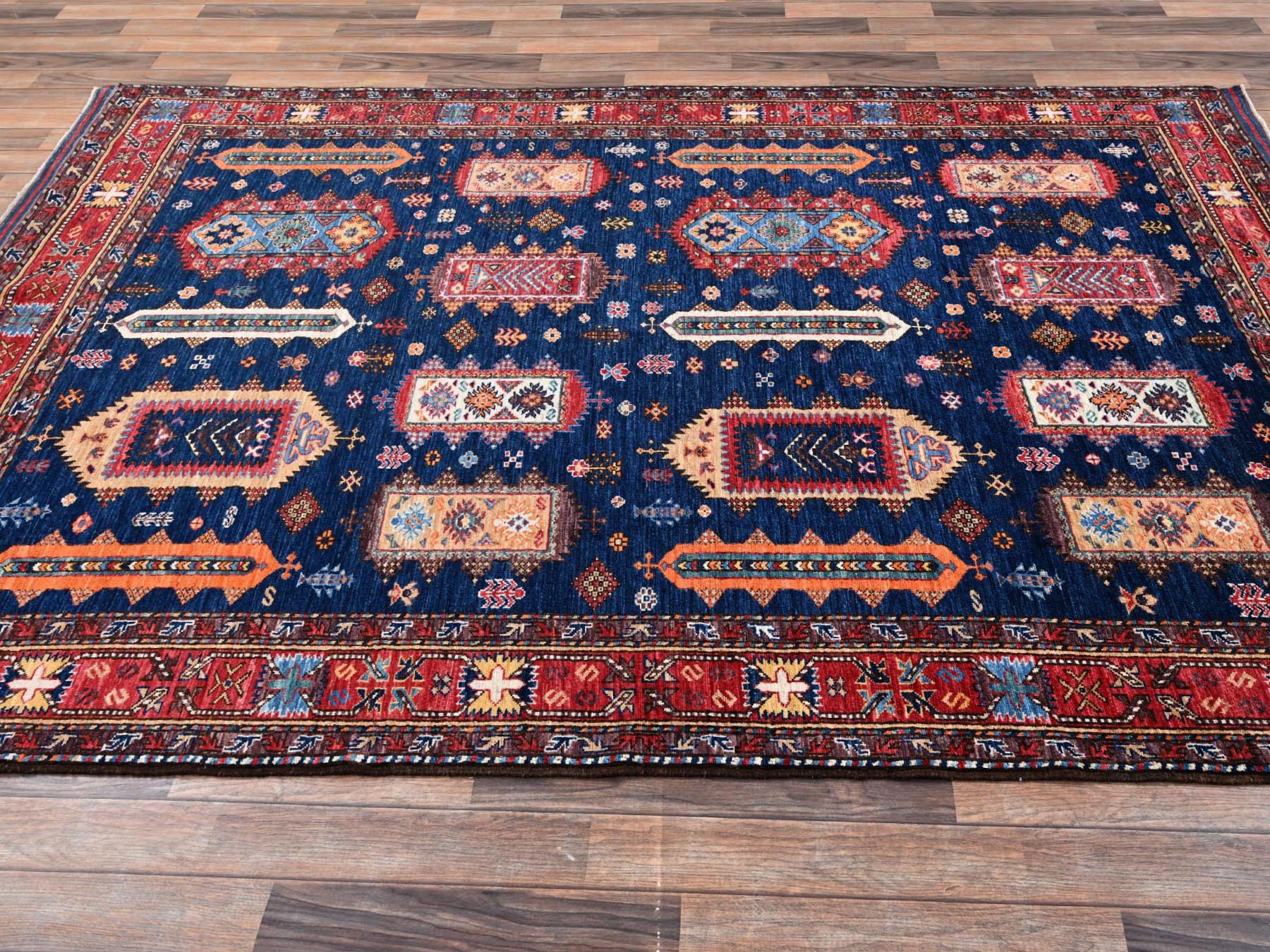 6'1"x8'7" Yale Blue, Hand Knotted, Afghan Ersari with Turkish Knot, Antique Caucasian Motif, Vegetable Dyes, Densely Woven, Soft and Velvety Wool, Oriental Rug HR2780 - Image 4