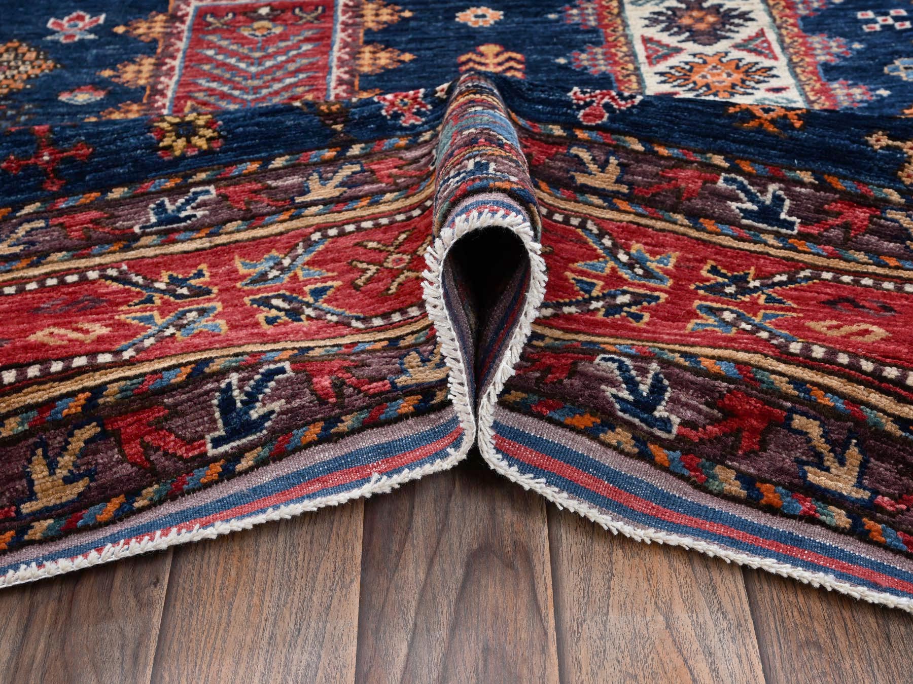 6'1"x8'7" Yale Blue, Hand Knotted, Afghan Ersari with Turkish Knot, Antique Caucasian Motif, Vegetable Dyes, Densely Woven, Soft and Velvety Wool, Oriental Rug HR2780 - Image 6