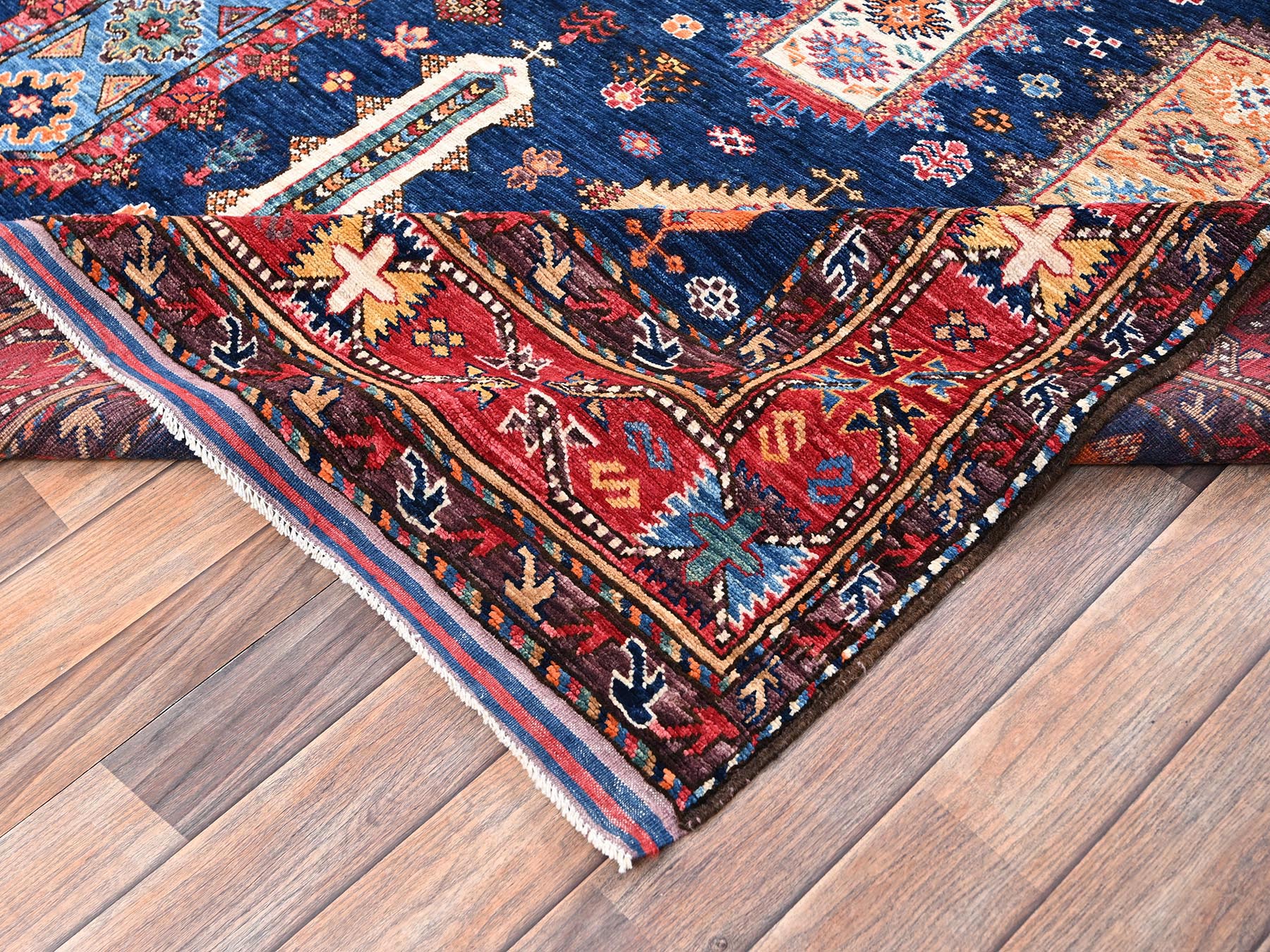 6'1"x8'7" Yale Blue, Hand Knotted, Afghan Ersari with Turkish Knot, Antique Caucasian Motif, Vegetable Dyes, Densely Woven, Soft and Velvety Wool, Oriental Rug HR2780 - Image 7