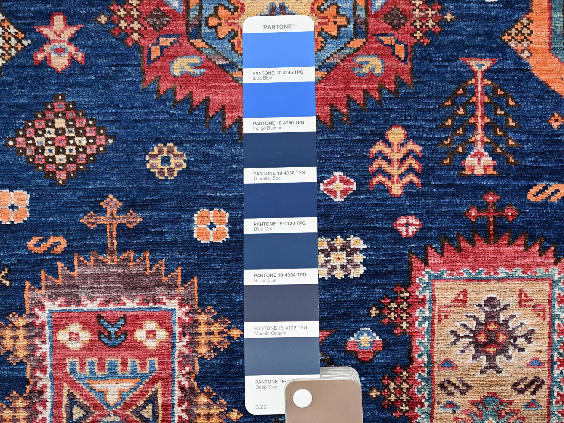 6'1"x8'7" Yale Blue, Hand Knotted, Afghan Ersari with Turkish Knot, Antique Caucasian Motif, Vegetable Dyes, Densely Woven, Soft and Velvety Wool, Oriental Rug HR2780 - Image 8