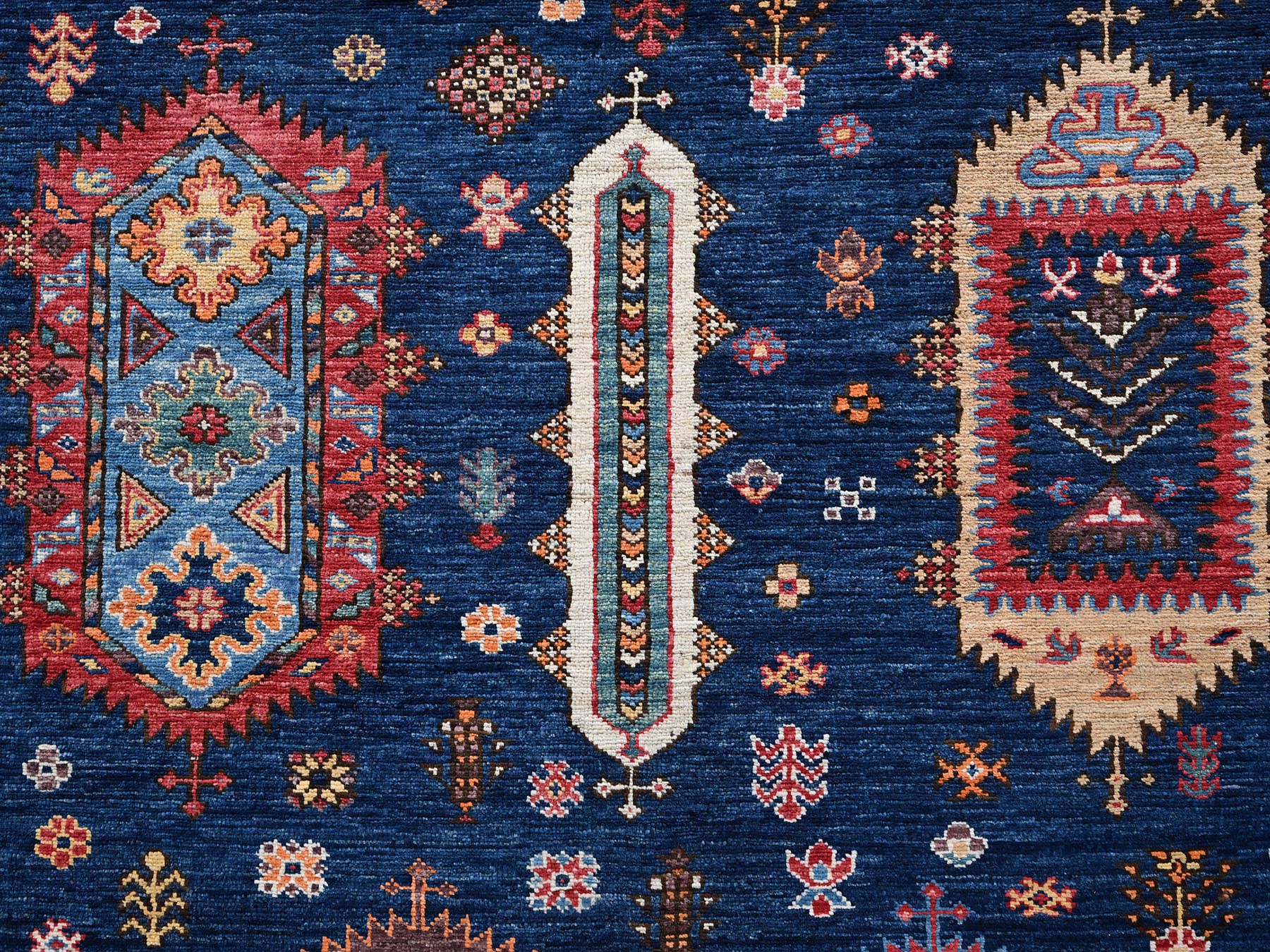 6'1"x8'7" Yale Blue, Hand Knotted, Afghan Ersari with Turkish Knot, Antique Caucasian Motif, Vegetable Dyes, Densely Woven, Soft and Velvety Wool, Oriental Rug HR2780 - Image 9