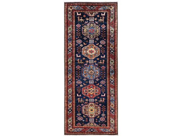 2'10"x7'2" Yale Blue, Hand Knotted, Afghan Ersari with Turkish Knot, Antique Caucasian Motif, Animal Figurines, Vegetable Dyes, Densely Woven, Soft and Velvety Wool, Runner, Oriental Rug HR2781