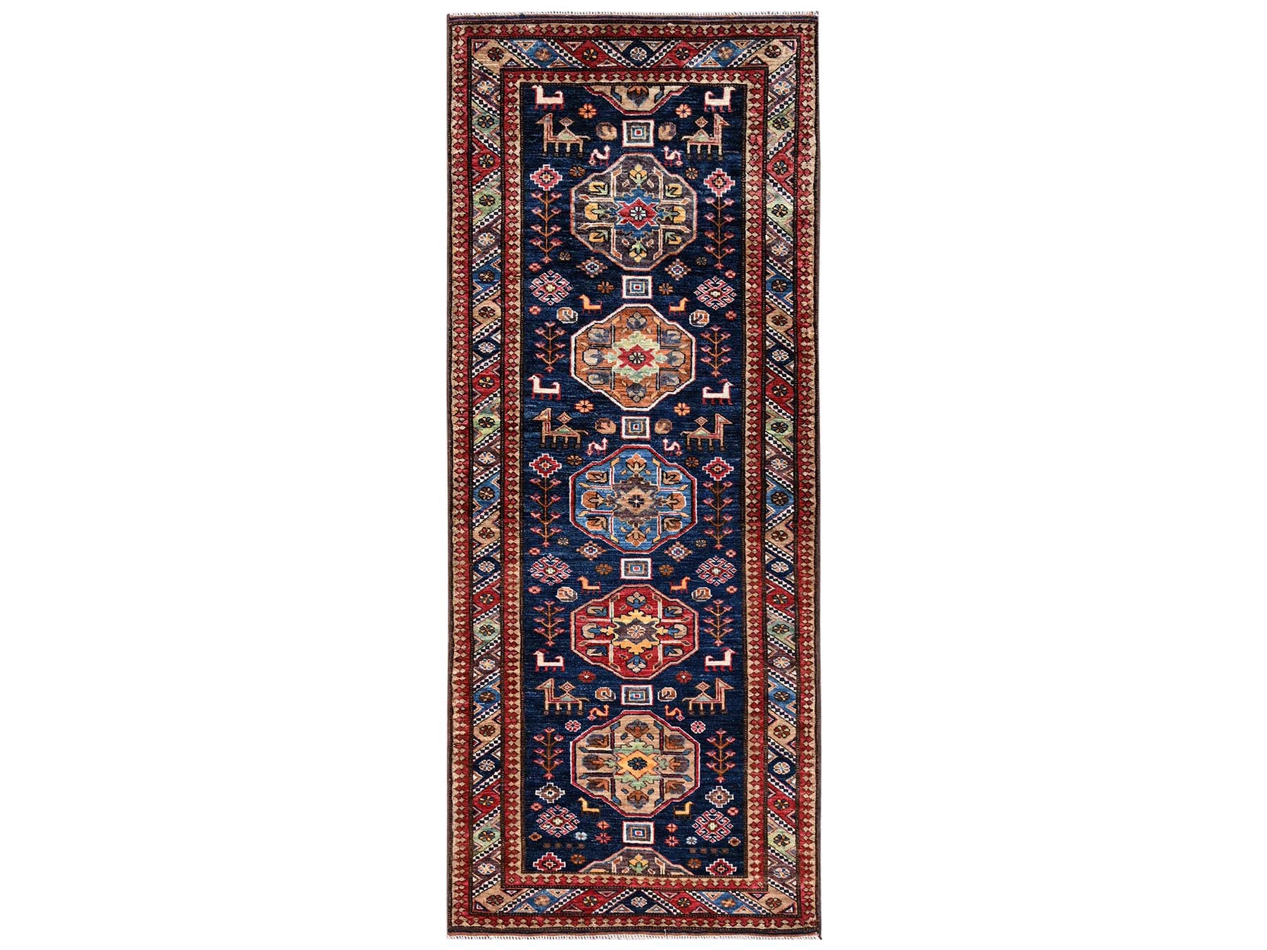 2'10"x7'2" Yale Blue, Hand Knotted, Afghan Ersari with Turkish Knot, Antique Caucasian Motif, Animal Figurines, Vegetable Dyes, Densely Woven, Soft and Velvety Wool, Runner, Oriental Rug HR2781