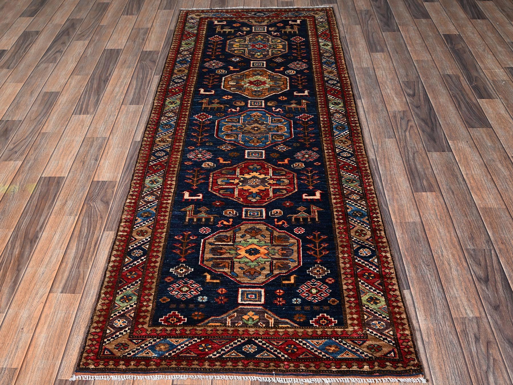 2'10"x7'2" Yale Blue, Hand Knotted, Afghan Ersari with Turkish Knot, Antique Caucasian Motif, Animal Figurines, Vegetable Dyes, Densely Woven, Soft and Velvety Wool, Runner, Oriental Rug HR2781 - Image 2