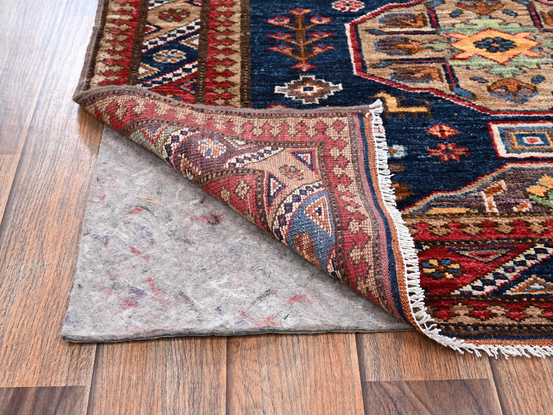 2'10"x7'2" Yale Blue, Hand Knotted, Afghan Ersari with Turkish Knot, Antique Caucasian Motif, Animal Figurines, Vegetable Dyes, Densely Woven, Soft and Velvety Wool, Runner, Oriental Rug HR2781 - Image 3